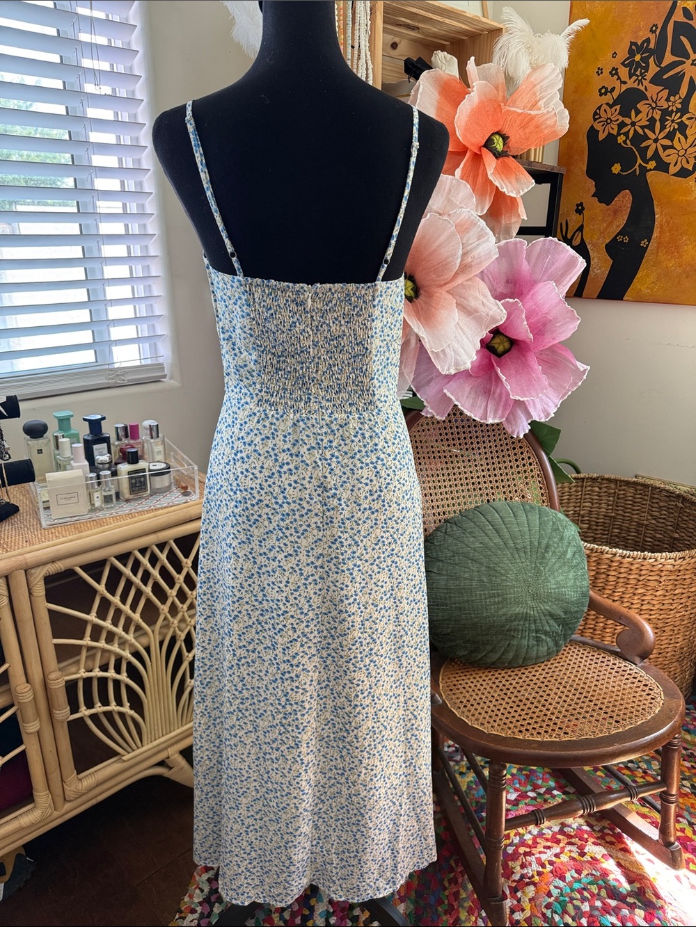 On You Blue White Floral Montauk Hamptons Garden Cottage Brunch Boho Midi Dress - Picture 2 of 5